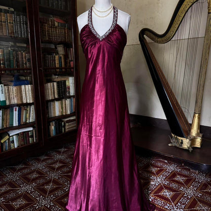 formaldressy--Vintage Burgundy wine red long satin fairy dress prom dress gh5542