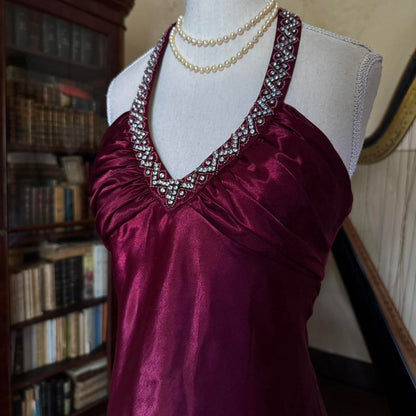 formaldressy--Vintage Burgundy wine red long satin fairy dress prom dress gh5542