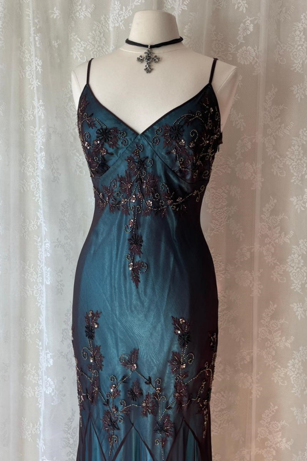 formaldressy-Turquoise Gorgeous Vintage Exquisite Beaded Spaghetti Strap Long Chiffon prom Gown Evening Gown Party Dress gh5403