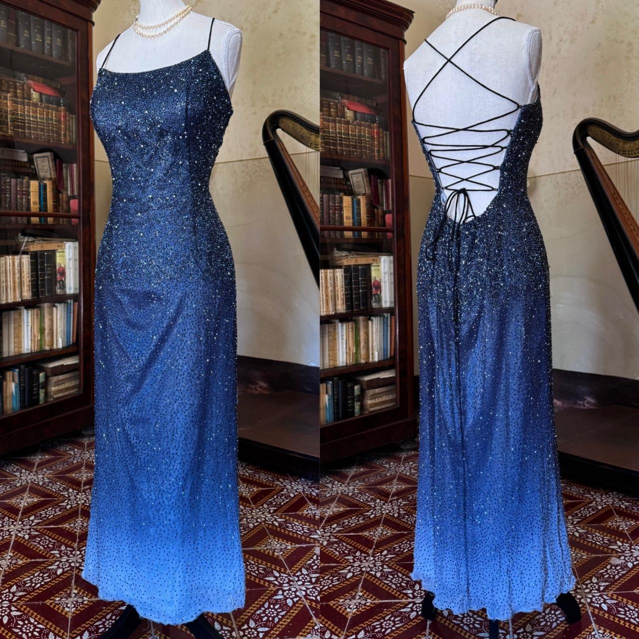 formaldressy--Vintage blue grey gradient beaded sequined long chiffon prom dress gh5540