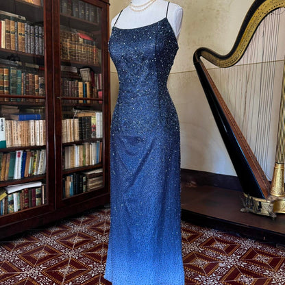 formaldressy--Vintage blue grey gradient beaded sequined long chiffon prom dress gh5540