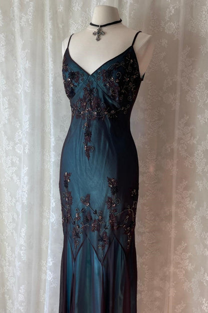 formaldressy-Turquoise Gorgeous Vintage Exquisite Beaded Spaghetti Strap Long Chiffon prom Gown Evening Gown Party Dress gh5403