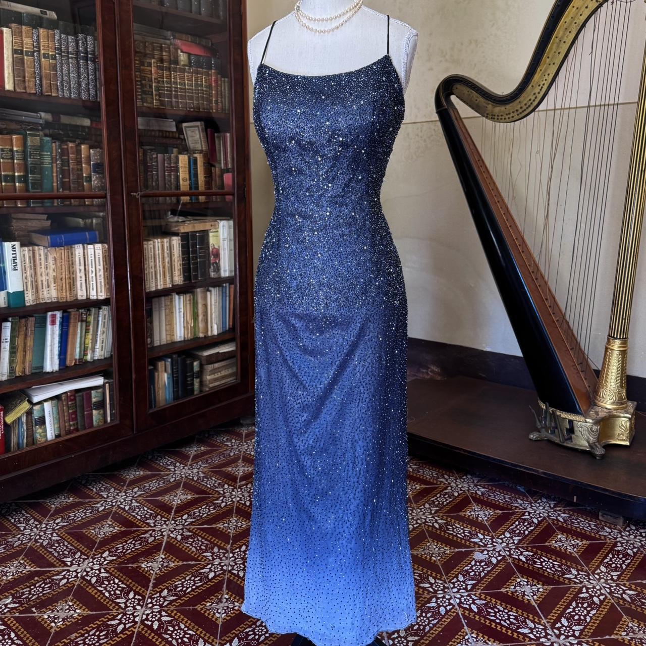 formaldressy--Vintage blue grey gradient beaded sequined long chiffon prom dress gh5540