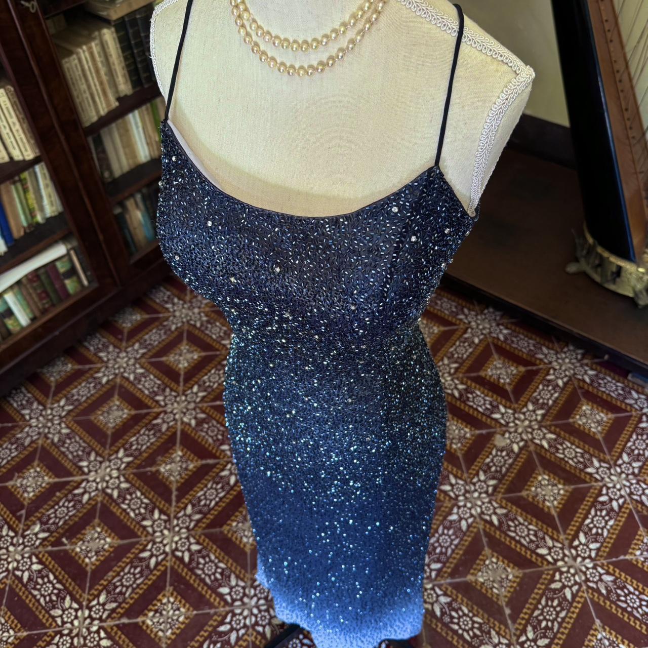 formaldressy--Vintage blue grey gradient beaded sequined long chiffon prom dress gh5540