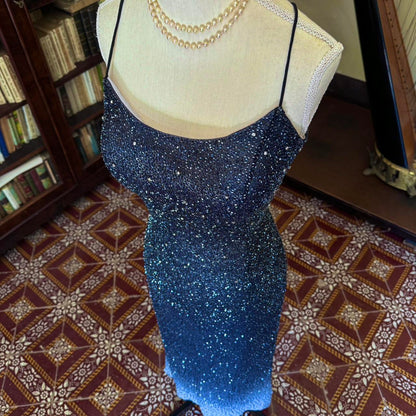 formaldressy--Vintage blue grey gradient beaded sequined long chiffon prom dress gh5540