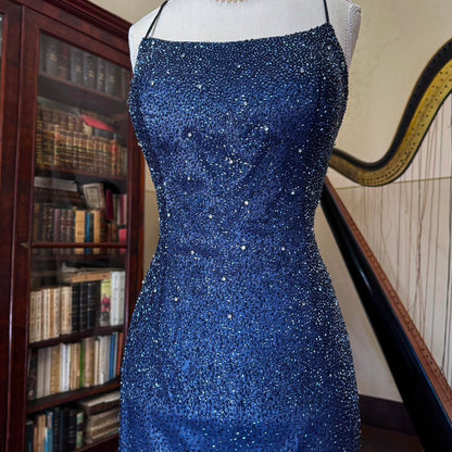 formaldressy--Vintage blue grey gradient beaded sequined long chiffon prom dress gh5540