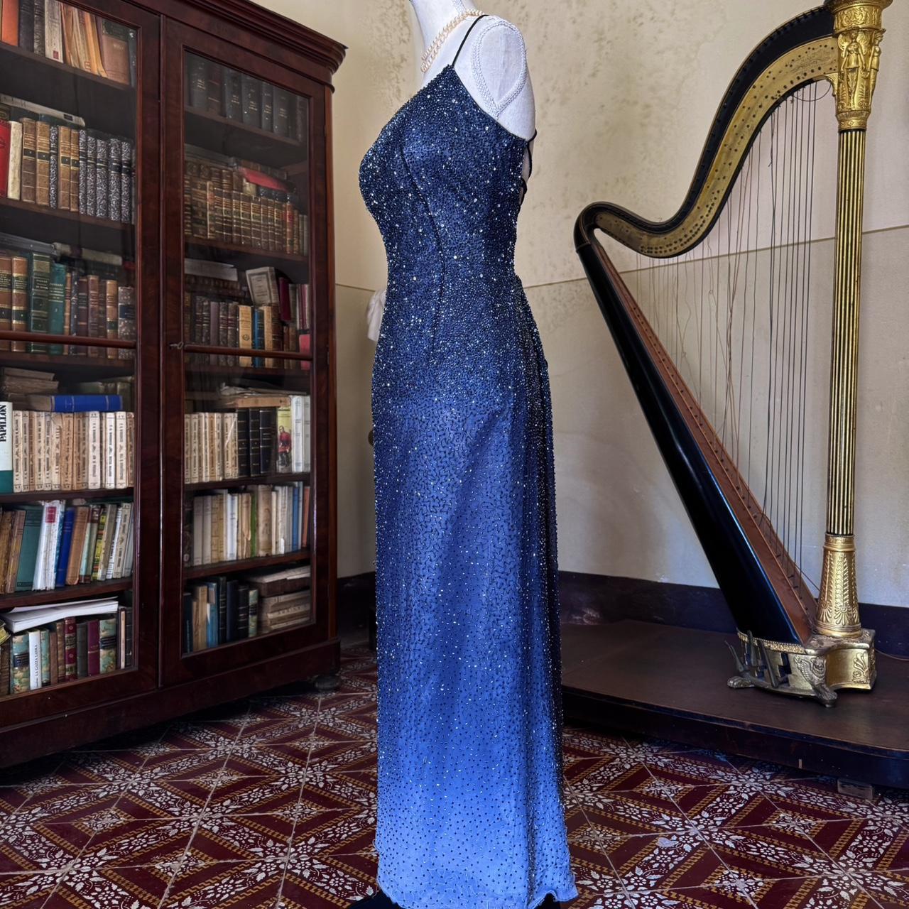 formaldressy--Vintage blue grey gradient beaded sequined long chiffon prom dress gh5540
