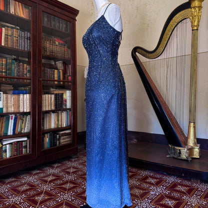 formaldressy--Vintage blue grey gradient beaded sequined long chiffon prom dress gh5540