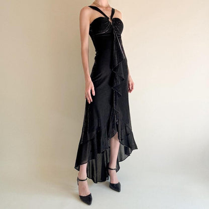 formaldressy--Black Ruffled Long Chiffon Prom Dress Graduation Dress gh5646