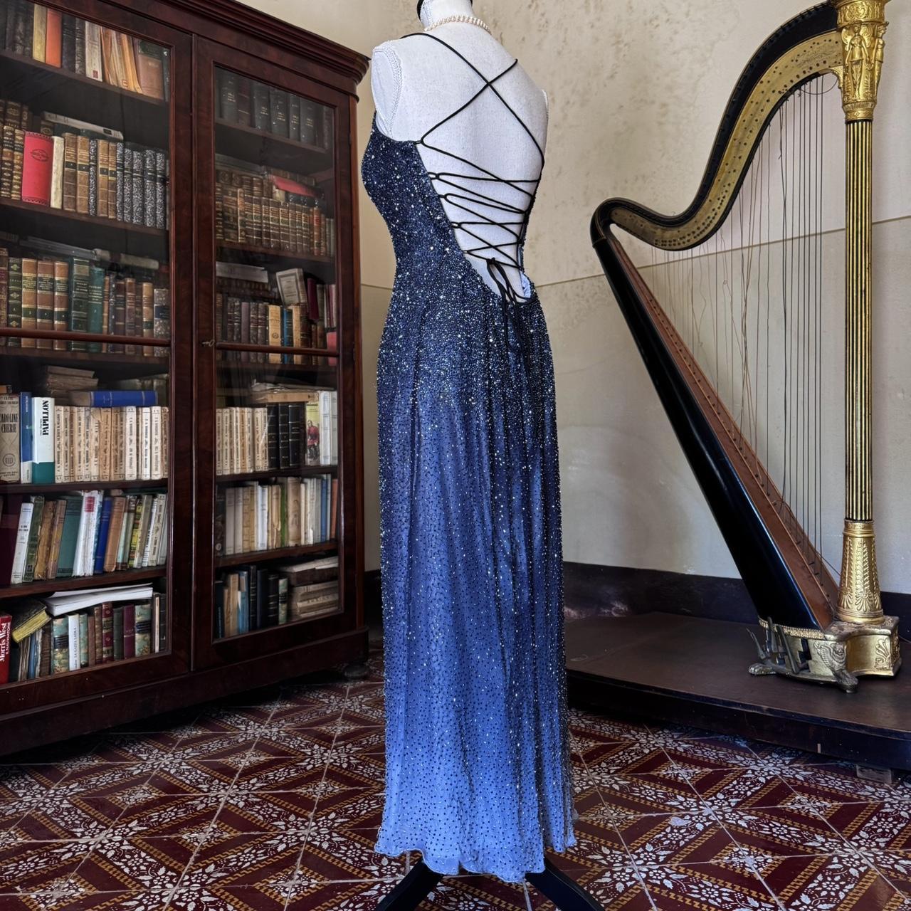 formaldressy--Vintage blue grey gradient beaded sequined long chiffon prom dress gh5540