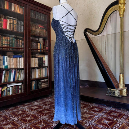 formaldressy--Vintage blue grey gradient beaded sequined long chiffon prom dress gh5540