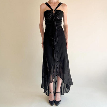 formaldressy--Black Ruffled Long Chiffon Prom Dress Graduation Dress gh5646