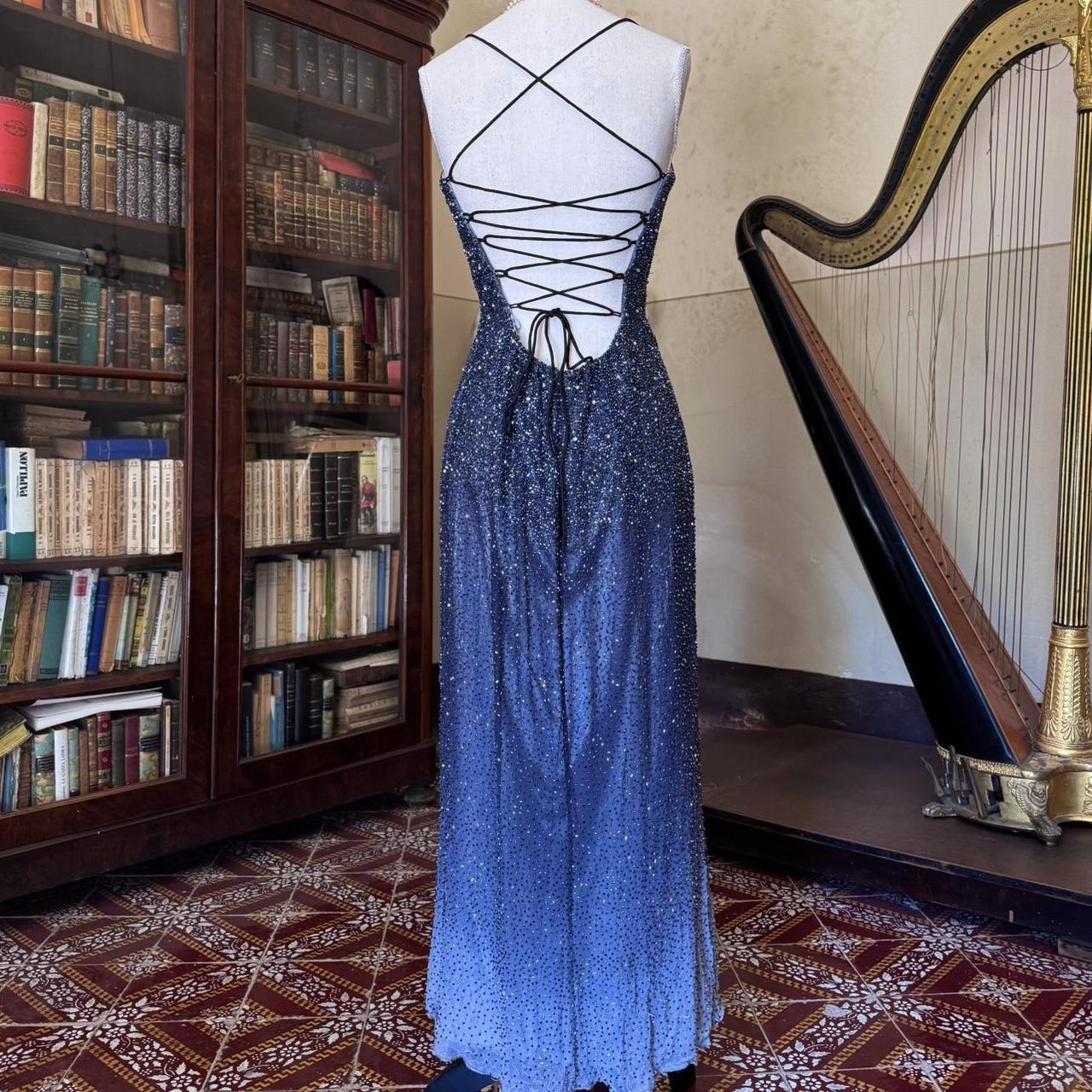 formaldressy--Vintage blue grey gradient beaded sequined long chiffon prom dress gh5540