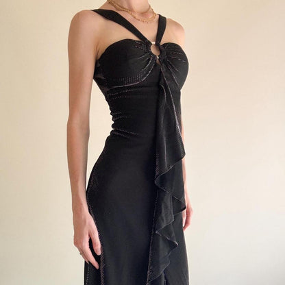 formaldressy--Black Ruffled Long Chiffon Prom Dress Graduation Dress gh5646
