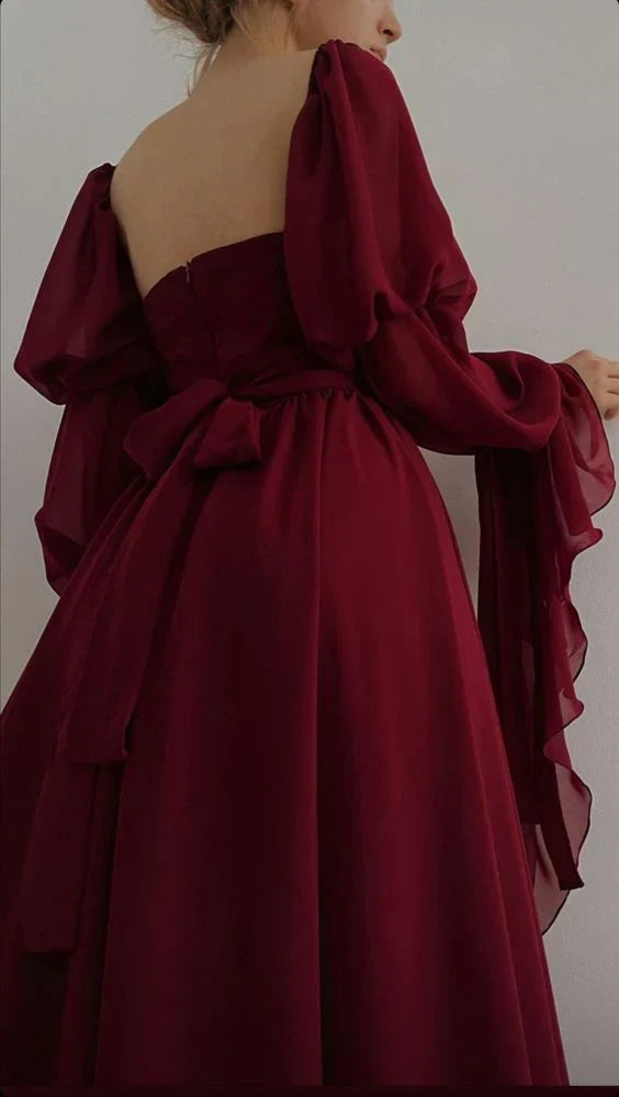 formaldressy-Burgundy long sleeve formal dress retro burgundy elegant square neck chiffon long ball gown 21st birthday outfit evening dress gh5749
