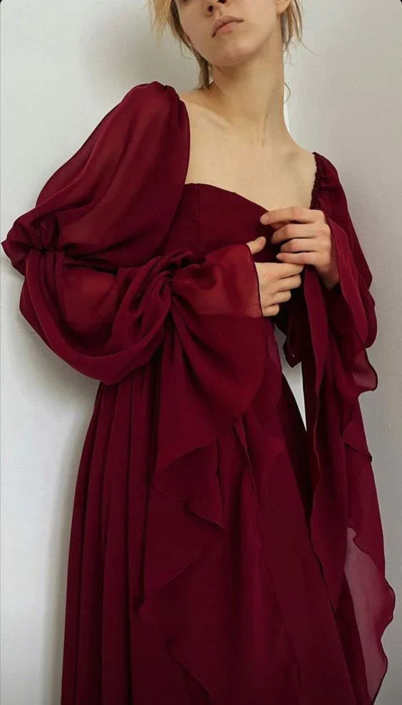 formaldressy-Burgundy long sleeve formal dress retro burgundy elegant square neck chiffon long ball gown 21st birthday outfit evening dress gh5749