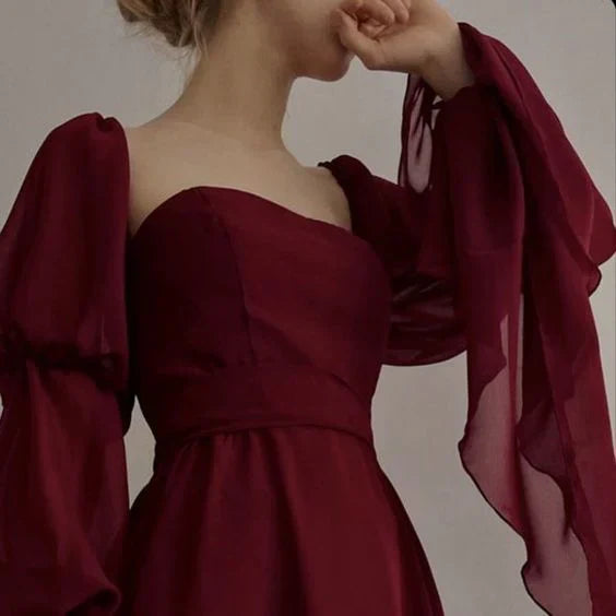 formaldressy-Burgundy long sleeve formal dress retro burgundy elegant square neck chiffon long ball gown 21st birthday outfit evening dress gh5749