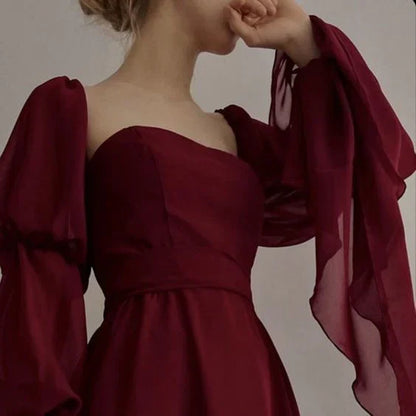 formaldressy-Burgundy long sleeve formal dress retro burgundy elegant square neck chiffon long ball gown 21st birthday outfit evening dress gh5749