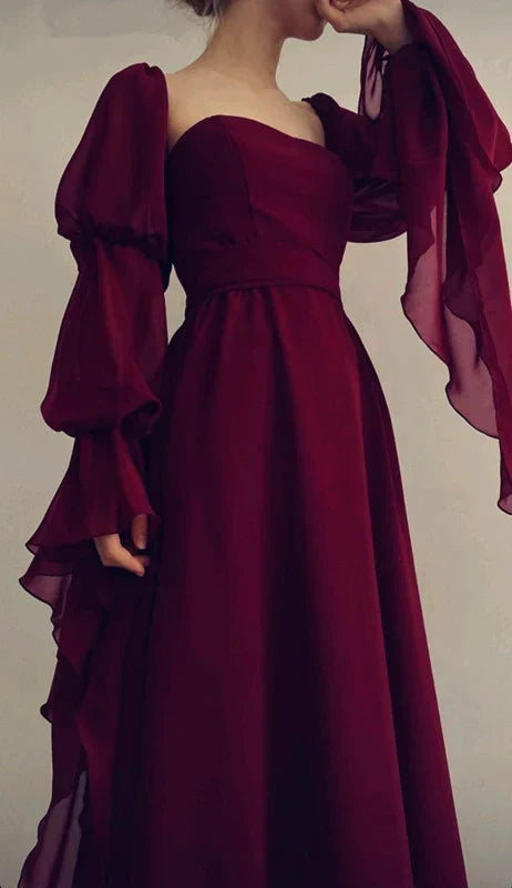 formaldressy-Burgundy long sleeve formal dress retro burgundy elegant square neck chiffon long ball gown 21st birthday outfit evening dress gh5749