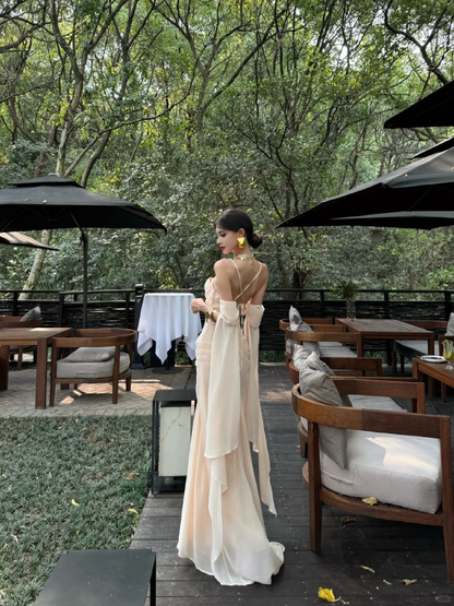 Apricot Mermaid Spaghetti Strap Chiffon Prom Dress Evening Dress Date Dress SH4907