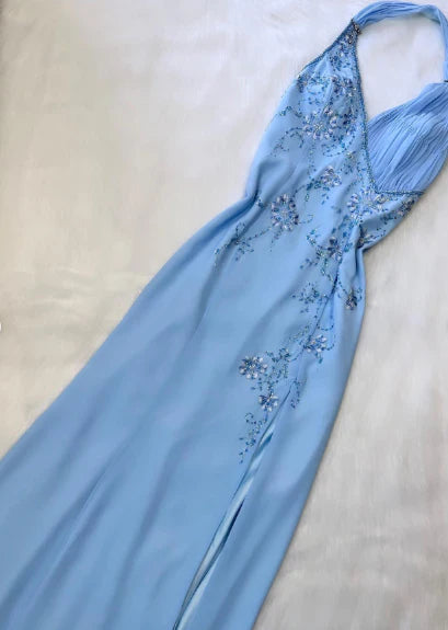 formaldressy--Blue Fashion Suspenders Exquisite Beading Beautiful Open Back Slit Chiffon Ball Gown Long Evening Dress gh5611
