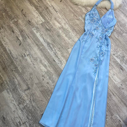 formaldressy--Blue Fashion Suspenders Exquisite Beading Beautiful Open Back Slit Chiffon Ball Gown Long Evening Dress gh5611