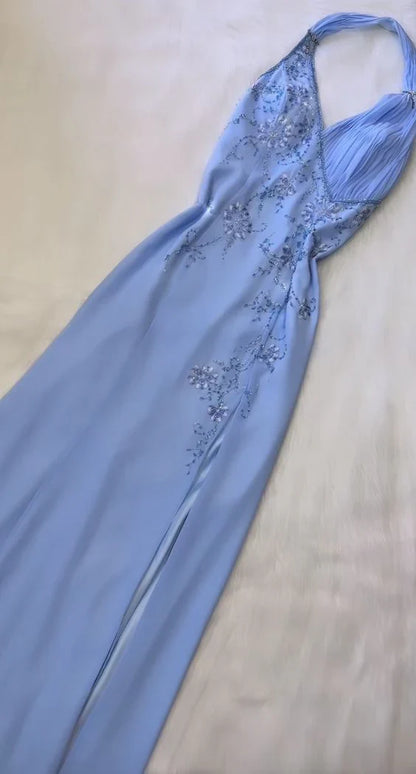 formaldressy--Blue Fashion Suspenders Exquisite Beading Beautiful Open Back Slit Chiffon Ball Gown Long Evening Dress gh5611