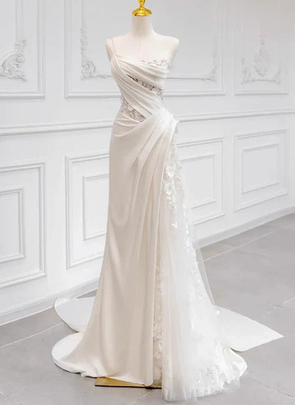 formaldressy-White satin floral lace off-the-shoulder long floor-length wedding dress prom dress gh5393