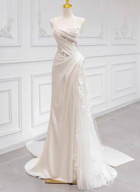 formaldressy-White satin floral lace off-the-shoulder long floor-length wedding dress prom dress gh5393