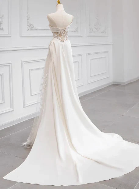 formaldressy-White satin floral lace off-the-shoulder long floor-length wedding dress prom dress gh5393