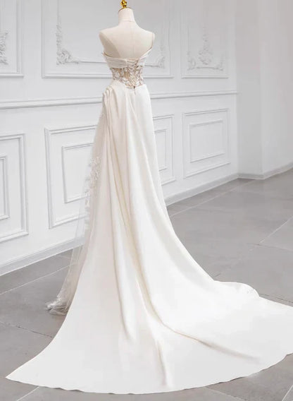 formaldressy-White satin floral lace off-the-shoulder long floor-length wedding dress prom dress gh5393
