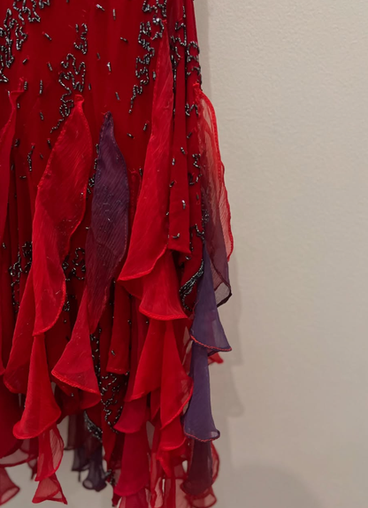Vintage Sexy Black Beaded Burgundy Ruffle Chiffon Prom Dress Party Dress SH4885