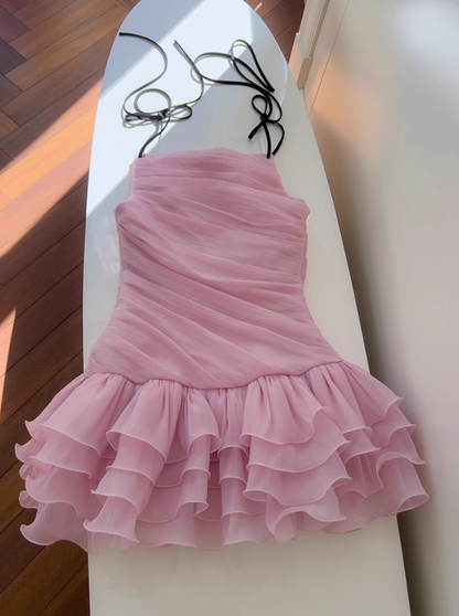 Cute Pink A Line Spaghetti Strap Layered Chiffon Homecoming Dress SH4506