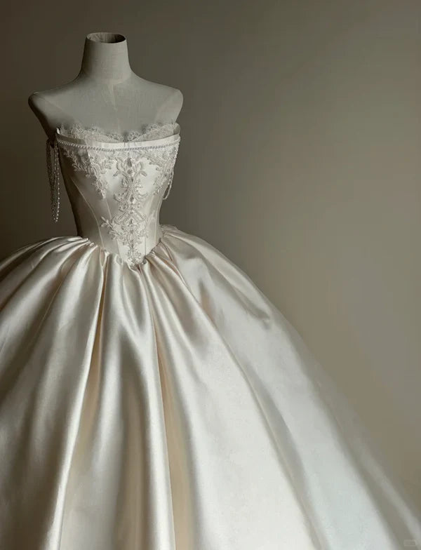 formaldressy-White satin long elegant tulle wedding prom dress gh5435