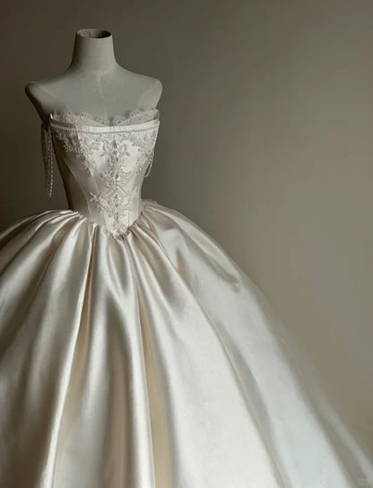 formaldressy-White satin long elegant tulle wedding prom dress gh5435