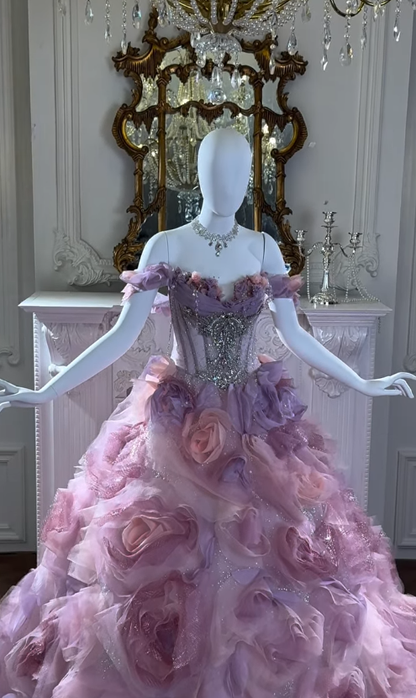 Princess Purple Ball Gown Off the Shoulder Floral Tulle Long Sweep Prom Dress 16th Birthday Dress SH4649