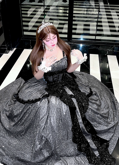 Stunning Black Bow A Line Sequin Lolita Goth Boning Dress Prom Dress SH4912