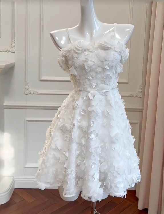 formaldressy -White three-dimensional flower tube top sweet cute short chiffon homecoming dress birthday party dress gh5098