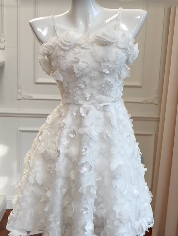 formaldressy -White three-dimensional flower tube top sweet cute short chiffon homecoming dress birthday party dress gh5098