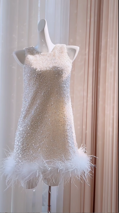 formaldressy -White shiny sequined feather short homecoming dress birthday party dress Prom dress gh5103