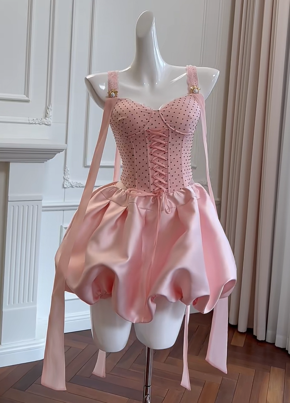 formaldressy -Cherry Blossom Pink Bud Short Satin Lace Homecoming Dress Birthday Party Dress Prom Dress gh5104