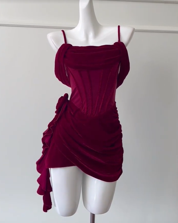formaldressy -Burgundy velvet sling fishbone slim waist short homecoming dress birthday party dress Prom dress gh5105