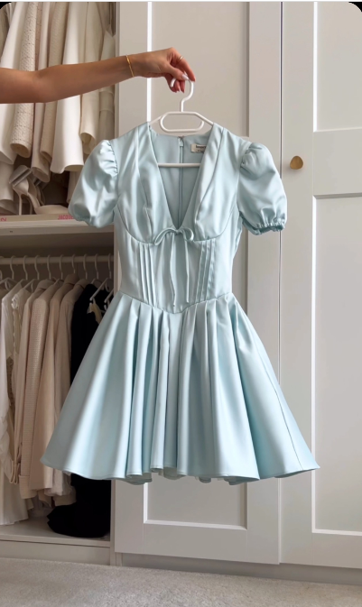 formaldressy-Blue Sweet Fashion V-Neck Short Satin Homecoming Dress Birthday Party Dress gh5249
