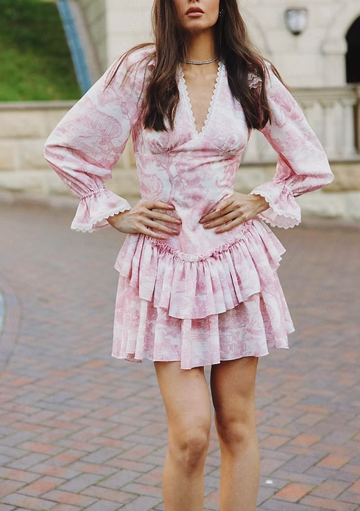 formaldressy-Pink floral long sleeves fashion sweet short chiffon backless homecoming dress birthday dress gh5272
