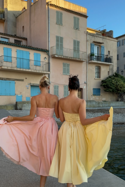 formaldressy-Yellow pink basic simple sweetheart neckline A-line short satin short tea length homecoming dress birthday dress gh5290