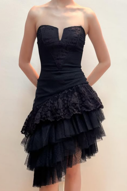 formaldressy--Black Lace Midi Chiffon Homecoming Dress gh5529