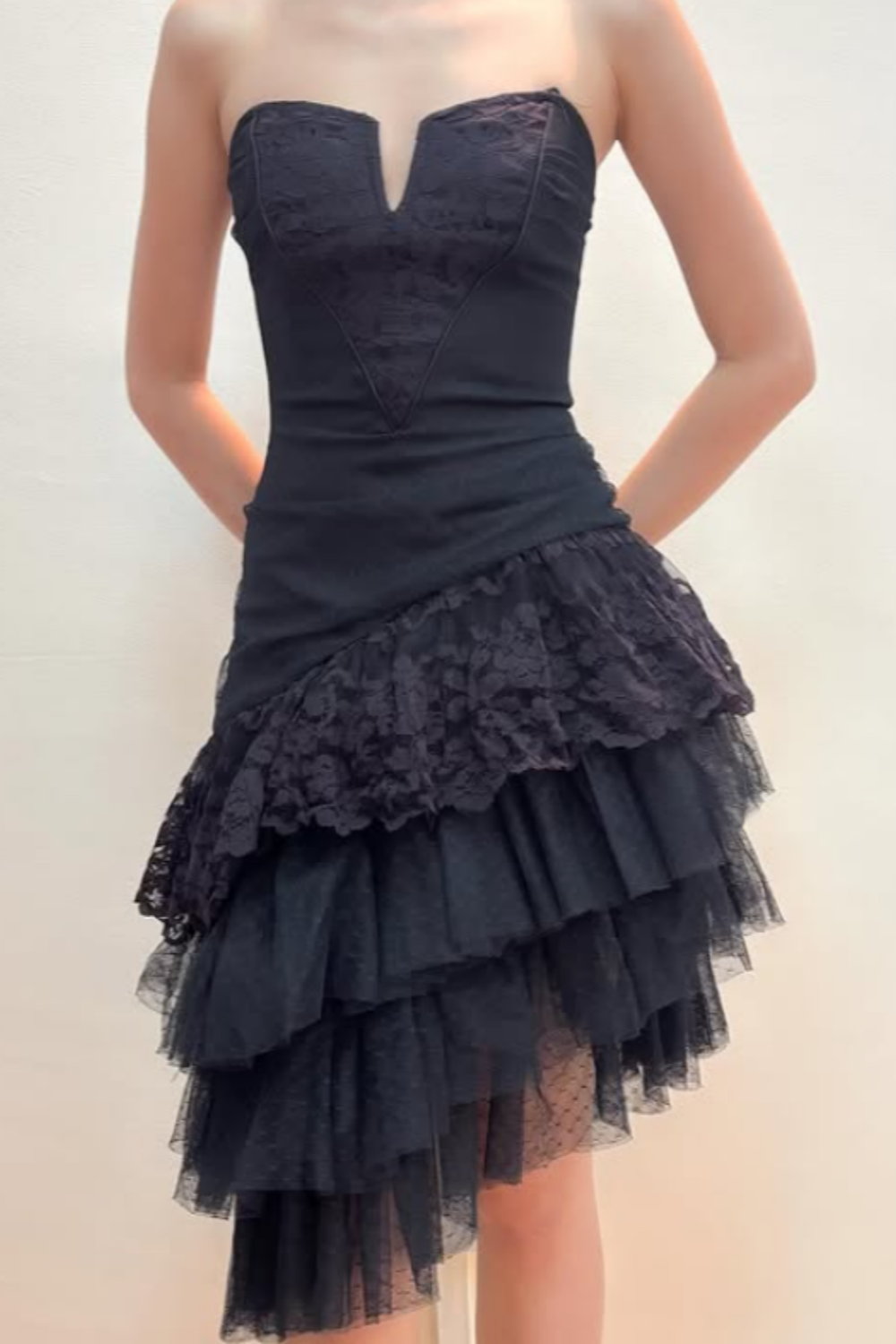 formaldressy--Black Lace Midi Chiffon Homecoming Dress gh5529