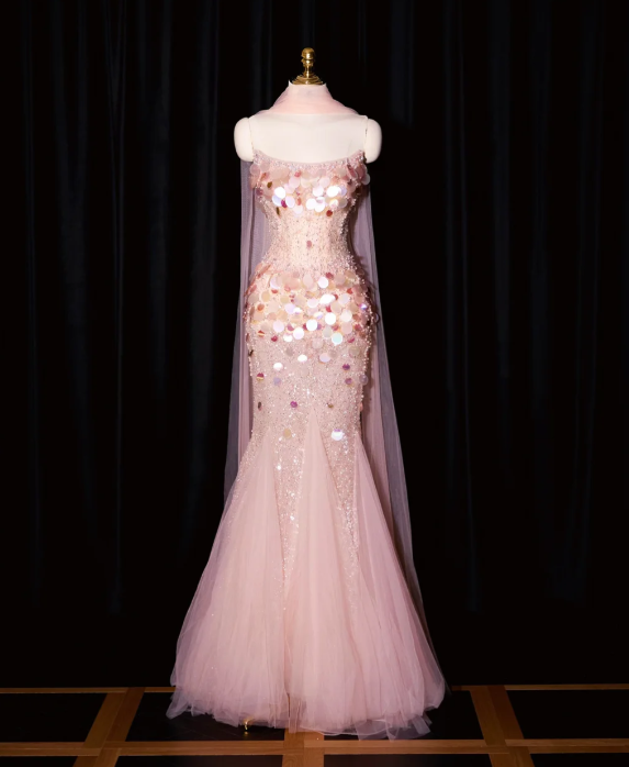 formaldressy--Pink Mermaid Sequined Long Tulle Prom Dress Evening Gown gh5701