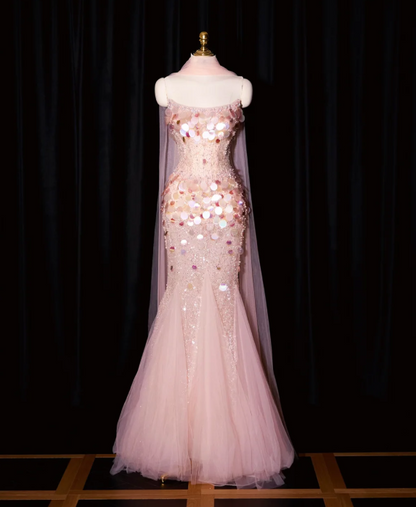 formaldressy--Pink Mermaid Sequined Long Tulle Prom Dress Evening Gown gh5701