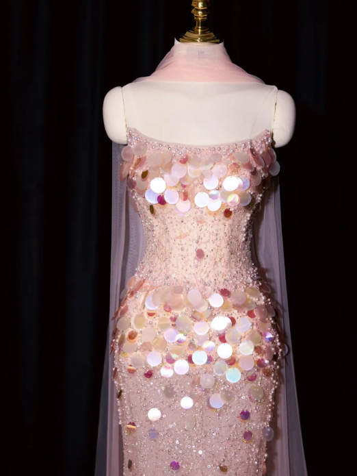 formaldressy--Pink Mermaid Sequined Long Tulle Prom Dress Evening Gown gh5701